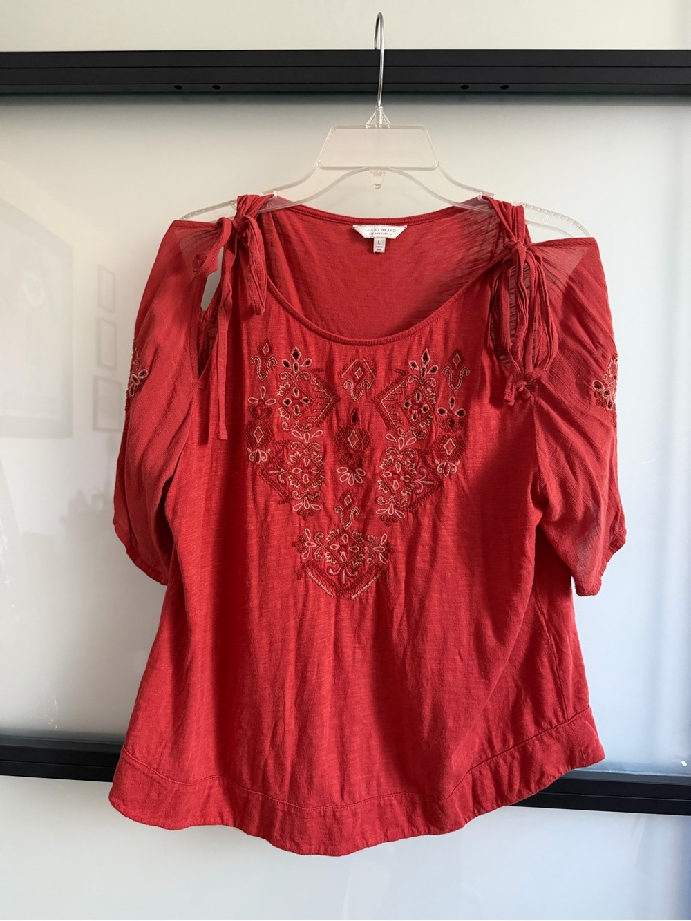 Lucky Brand L Coral Embroidered Tie-Shoulder Boho Peasant Blouse